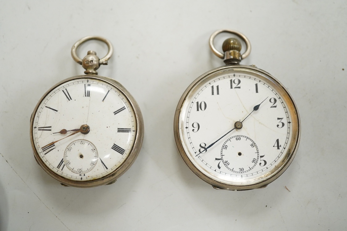 A late Victorian silver 'Improved Patent' open faced pocket watch, with Roman dial and subsidiary seconds, together with four other silver or white metal pocket/fob watches and three base metal chain sections.